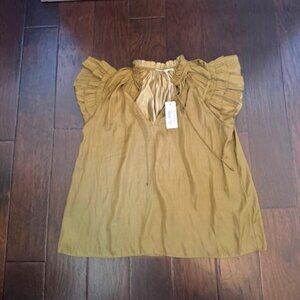 NEW NWT Grade and Gather Satin ruffle sleeve blouse moss size small